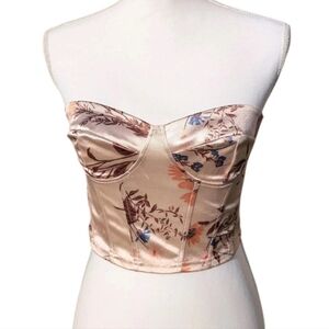 Strapless Floral Satin Bustier Corset Crop Top Size Small Gold Champagne